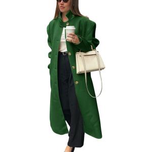 imagechouyatou Womens Casual Stand Collar Wool Coat Single Breasted Duster Long Trench Pea Coat Overcoat with PocketsGreen