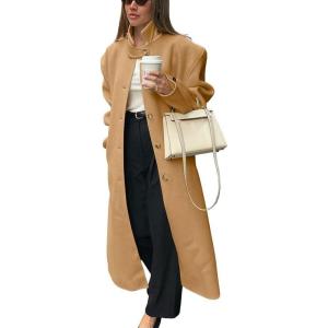 imagechouyatou Womens Casual Stand Collar Wool Coat Single Breasted Duster Long Trench Pea Coat Overcoat with PocketsKhaki