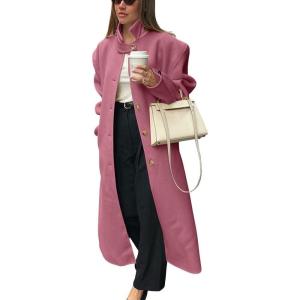 imagechouyatou Womens Casual Stand Collar Wool Coat Single Breasted Duster Long Trench Pea Coat Overcoat with PocketsPink