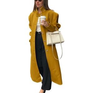 imagechouyatou Womens Casual Stand Collar Wool Coat Single Breasted Duster Long Trench Pea Coat Overcoat with PocketsYellow