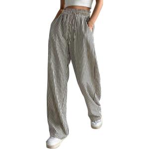 imagechouyatou Womens Casual Striped Wide Leg Pants Drawstring Elastic Waist Dress Palazzo Pants with PocketsBlack