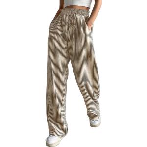 imagechouyatou Womens Casual Striped Wide Leg Pants Drawstring Elastic Waist Dress Palazzo Pants with PocketsBrown