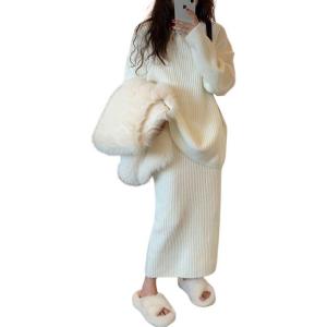 imagechouyatou Womens Casual Two Piece Sweater Skirt Sets Pullover Sweater Long Bodycon Skirt 2 Piece Fall OutfitsBeige