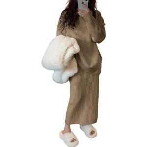 imagechouyatou Womens Casual Two Piece Sweater Skirt Sets Pullover Sweater Long Bodycon Skirt 2 Piece Fall OutfitsKhaki