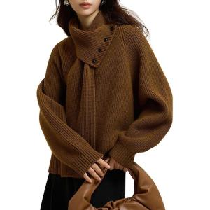 imagechouyatou Womens Casual V Neck Pullover Sweaters Ribbed Knit Slouchy Jumper Tops with Removable ScarfBrown