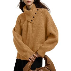 imagechouyatou Womens Casual V Neck Pullover Sweaters Ribbed Knit Slouchy Jumper Tops with Removable ScarfKhaki