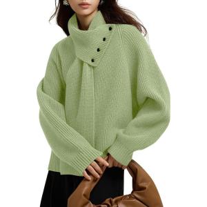 imagechouyatou Womens Casual V Neck Pullover Sweaters Ribbed Knit Slouchy Jumper Tops with Removable ScarfLight Green