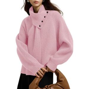 imagechouyatou Womens Casual V Neck Pullover Sweaters Ribbed Knit Slouchy Jumper Tops with Removable ScarfPink