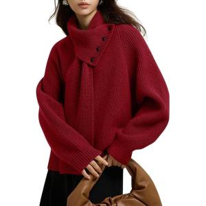 imagechouyatou Womens Casual V Neck Pullover Sweaters Ribbed Knit Slouchy Jumper Tops with Removable ScarfWine Red