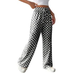 imagechouyatou Womens Checkered Wide Leg Business Casual Pants Plaid Drawstring Elastic Waist Palazzo PantsBlack