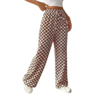 imagechouyatou Womens Checkered Wide Leg Business Casual Pants Plaid Drawstring Elastic Waist Palazzo PantsBrown
