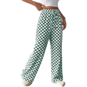 imagechouyatou Womens Checkered Wide Leg Business Casual Pants Plaid Drawstring Elastic Waist Palazzo PantsGreen