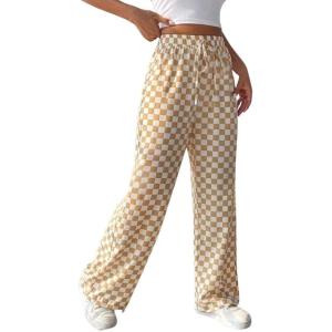 imagechouyatou Womens Checkered Wide Leg Business Casual Pants Plaid Drawstring Elastic Waist Palazzo PantsKhaki