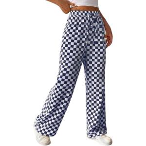 imagechouyatou Womens Checkered Wide Leg Business Casual Pants Plaid Drawstring Elastic Waist Palazzo PantsNavy