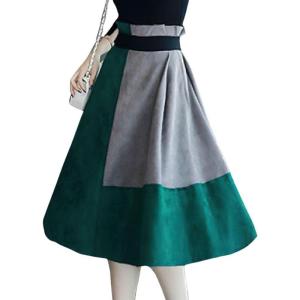 imagechouyatou Womens Color Block Faux Suede Leather ALine Midi Long Skirt Sexy High Waisted Skater SkirtGreen