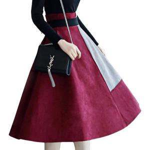 imagechouyatou Womens Color Block Faux Suede Leather ALine Midi Long Skirt Sexy High Waisted Skater SkirtRed