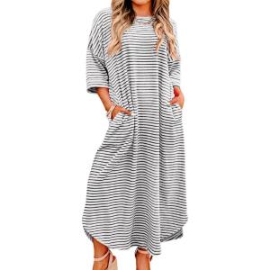 imagechouyatou Womens Contrast Color Striped TShirt Dress Casual Loose Short Sleeve Midi Long Beach DressBlack