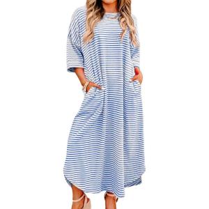imagechouyatou Womens Contrast Color Striped TShirt Dress Casual Loose Short Sleeve Midi Long Beach DressBlue