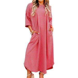imagechouyatou Womens Contrast Color Striped TShirt Dress Casual Loose Short Sleeve Midi Long Beach DressRed