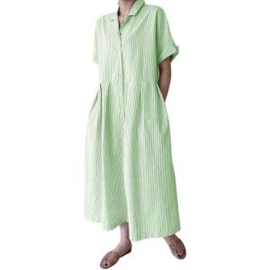 imagechouyatou Womens Cotton Striped Shirt Dress Button Up Short Sleeve Midi Long Shift Dress with PocketsGreen