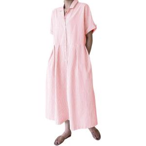 imagechouyatou Womens Cotton Striped Shirt Dress Button Up Short Sleeve Midi Long Shift Dress with PocketsOrange Pink