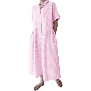 imagechouyatou Womens Cotton Striped Shirt Dress Button Up Short Sleeve Midi Long Shift Dress with PocketsPink