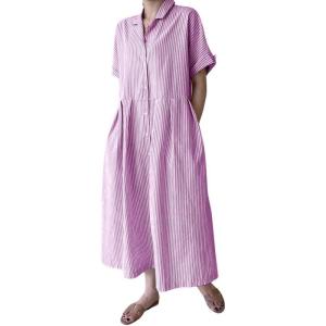 imagechouyatou Womens Cotton Striped Shirt Dress Button Up Short Sleeve Midi Long Shift Dress with PocketsPurple