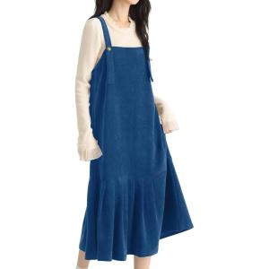 imagechouyatou Womens Cute Ruffle Corduroy Pinafore Overall Dress Pleated Flared Mid Long Bib Jumper DressBlue
