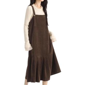 imagechouyatou Womens Cute Ruffle Corduroy Pinafore Overall Dress Pleated Flared Mid Long Bib Jumper DressDark Brown