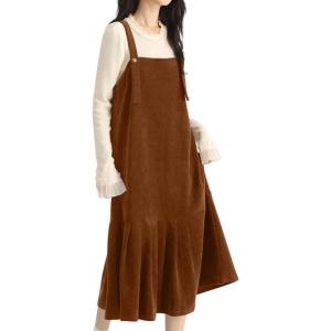 imagechouyatou Womens Cute Ruffle Corduroy Pinafore Overall Dress Pleated Flared Mid Long Bib Jumper DressLight Brown