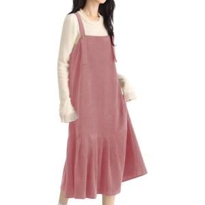 imagechouyatou Womens Cute Ruffle Corduroy Pinafore Overall Dress Pleated Flared Mid Long Bib Jumper DressPink