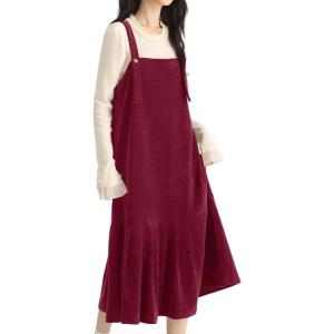 imagechouyatou Womens Cute Ruffle Corduroy Pinafore Overall Dress Pleated Flared Mid Long Bib Jumper DressRed