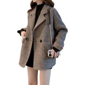 imagechouyatou Womens Double Breasted Herringbone Wool Blazer Jacket Notched Lapel Work Casual Wool Blend Pea Coat OvercoatBrown