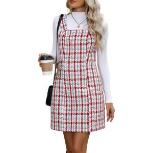 imagechouyatou Womens Elegant A Line Tweed Wool Overall Dress Sleeveless Plaid Mini Short Overall Tank DressRed