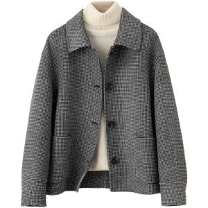 imagechouyatou Womens Elegant Lapel Houndstooth Plaid Wool Coat Casual Single Breasted Wool Blend Pea Coat with PocketsBlack