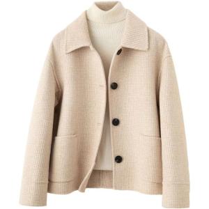 imagechouyatou Womens Elegant Lapel Houndstooth Plaid Wool Coat Casual Single Breasted Wool Blend Pea Coat with PocketsKhaki