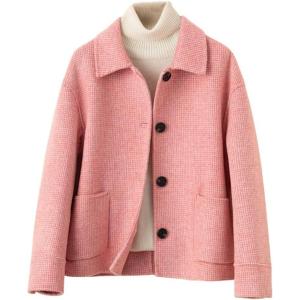 imagechouyatou Womens Elegant Lapel Houndstooth Plaid Wool Coat Casual Single Breasted Wool Blend Pea Coat with PocketsRed