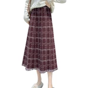 imagechouyatou Womens Elegant Plaid Tassels Fringe Tweed Skirt Knit Elastic High Waist A Line Midi SkirtRed