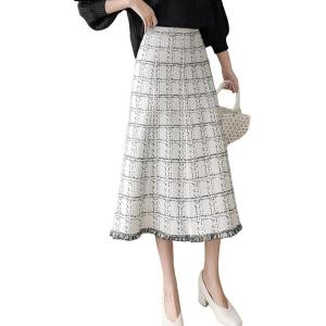 imagechouyatou Womens Elegant Plaid Tassels Fringe Tweed Skirt Knit Elastic High Waist A Line Midi SkirtWhite