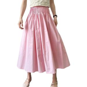 imagechouyatou Womens Elegant Pleated A Line Skirt High Elastic Waist Swing Bohemian Midi Long SkirtPink