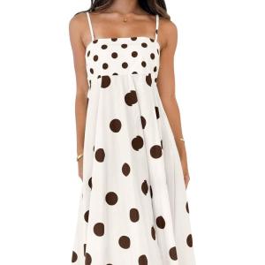 imagechouyatou Womens Elegant Polka Dot Maxi Dress Back Smocked Spaghetti Strap Ruffle Swing Long Dress with PocketsApricot