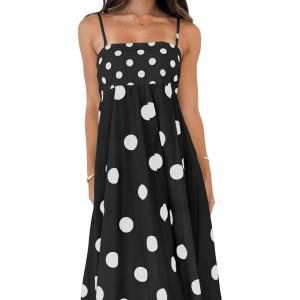 imagechouyatou Womens Elegant Polka Dot Maxi Dress Back Smocked Spaghetti Strap Ruffle Swing Long Dress with PocketsBlack