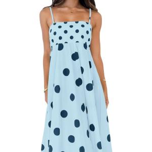 imagechouyatou Womens Elegant Polka Dot Maxi Dress Back Smocked Spaghetti Strap Ruffle Swing Long Dress with PocketsBlue