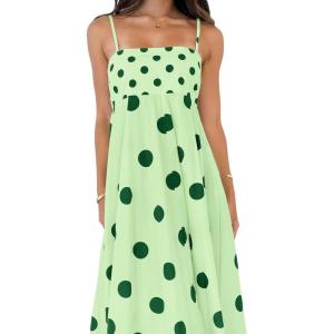 imagechouyatou Womens Elegant Polka Dot Maxi Dress Back Smocked Spaghetti Strap Ruffle Swing Long Dress with PocketsGreen
