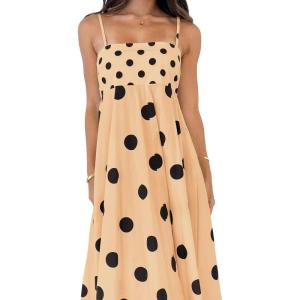 imagechouyatou Womens Elegant Polka Dot Maxi Dress Back Smocked Spaghetti Strap Ruffle Swing Long Dress with PocketsKhaki
