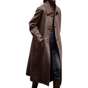 imagechouyatou Womens Elegant Single Breasted Horn Button Wool Coat Long Sleeve Pocketed Midi Long Winter Trench CoatDark Brown