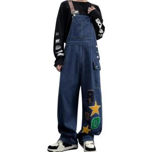 imagechouyatou Womens Embroidery Denim Bib Overall Baggy Casual Adjustable Strap Jeans Pant JumpsuitsBlue