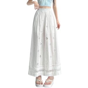 imagechouyatou Womens Eyelet Embroidery Wide Leg Pants Elastic Waist Capri Palazzo Pants Baggy Culottes with PocketsWhite