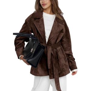 imagechouyatou Womens Fall Boyfriend Faux Suede Leather Jacket Notch Lapel Belted Midi Long Shacket CoatCoffee