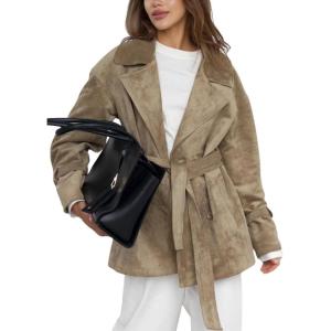 imagechouyatou Womens Fall Boyfriend Faux Suede Leather Jacket Notch Lapel Belted Midi Long Shacket CoatKhaki